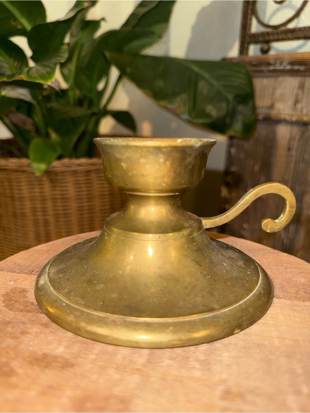 Vintage Brass Chamberstick Candle Holder With Patina, Made In India